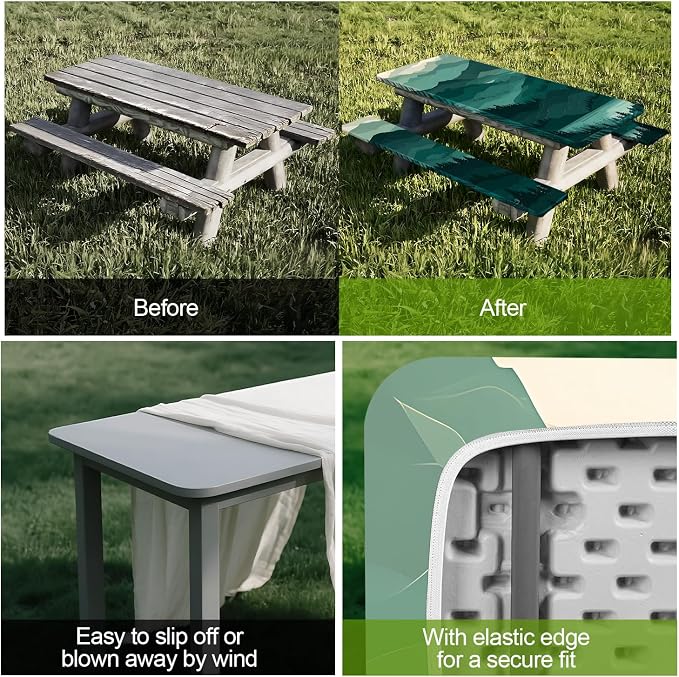 Picnic Table Cover with Bench Covers Set of 3 - Layered Landscape Mountain Forest Tablecloth, Elastic Fitted for 6 Ft Tables, Washable Polyester Cover for Camping, Indoor & Outdoor