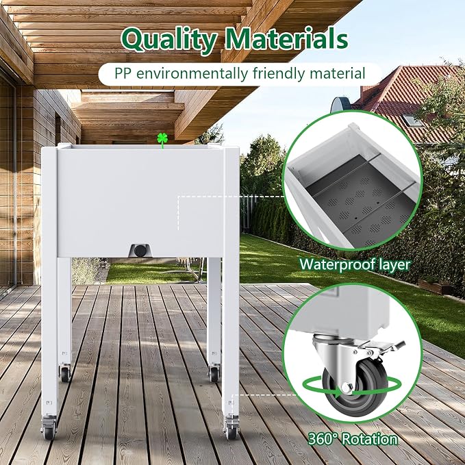 Vixzen Mobile Raised Garden Bed with Wheels, Self-Watering System,Outdoor Resin Planter Box for Vegetables, Flowers, Herbs on Patio, Balcony, Yard(Ashen, 30.04 * 17.72 * 28.9)