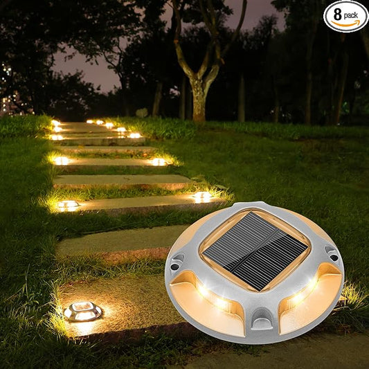 VOLISUN Solar Driveway Dock Marine Lights 8-Pack,2 Colors in 1,Outdoor LED Deck Lights,Solar Powered Waterproof Warning Step Light for Driveway Sidewalk Pathway (White/Warm White),Saltwater Resistant