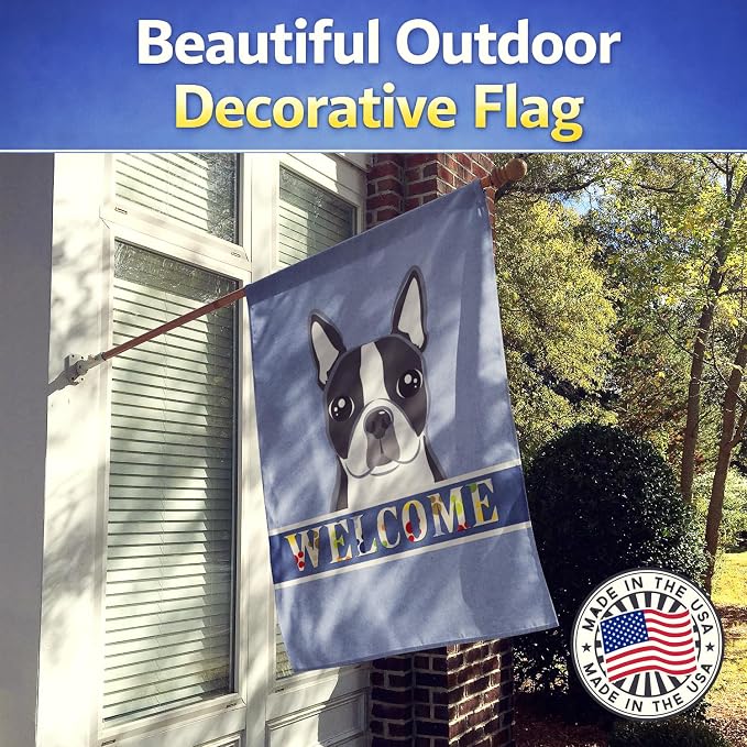 Caroline's Treasures BB1389CHF Boston Terrier Welcome House Flag, Blue Large Porch Sleeve Pole Decorative Outside Yard Banner Artwork Wall Hanging, Polyester, House Size, Multicolor