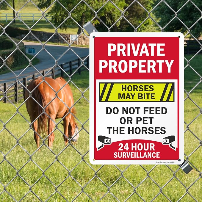 SmartSign 14 x 10 inch “Private Property - Horses May Bite, Do Not Feed Or Pet The Horses, 24 Hour Surveillance” Metal Sign, 40 mil Laminated Rustproof Aluminum, Multicolor, Made in USA