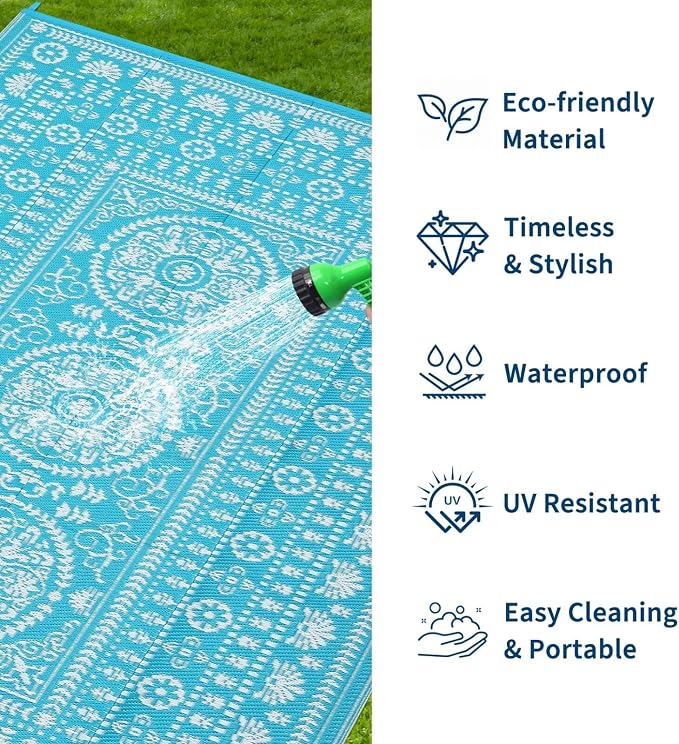 Garvee Reversible Outdoor Rug 9x12 for Patio, Waterproof Outdoor Area Rug, Modern Medallion Indoor Outdoor Rugs, Plastic Straw Rug for RV, Camping, Deck, Vintage Blue