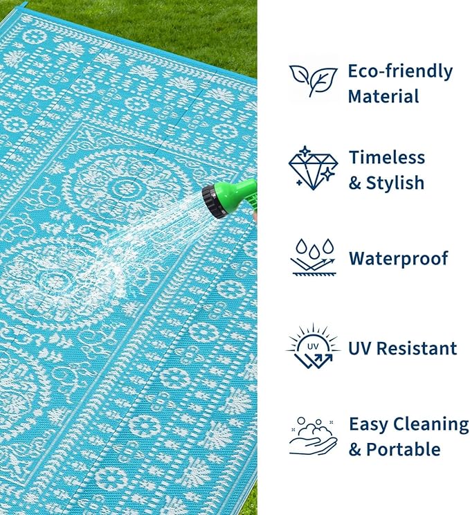 Garvee Reversible Outdoor Rug 6x9 for Patio, Waterproof Outdoor Area Rug, Modern Medallion Indoor Outdoor Rugs, Plastic Straw Rug for RV, Camping, Deck, Vintage Blue
