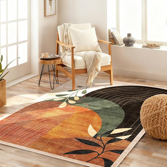 3x5 Washable Rugs Boho Area Rug Low Pile Non Slip Mid Century Modern | Small Throw Carpet for Bedroom Entryway Living Room Office Bedside Entry Indoor Boho Abstract Retro Terracotta Rust