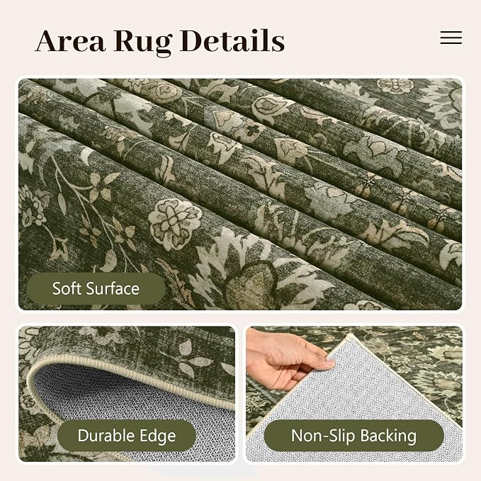 6x9 Ft Large Area Rugs for Living Room, Soft Non-Slip Machine Washable Rug, Vintage Stain Resistant Carpets for Bedroom Nursery Dining Room Home Decor (Green)