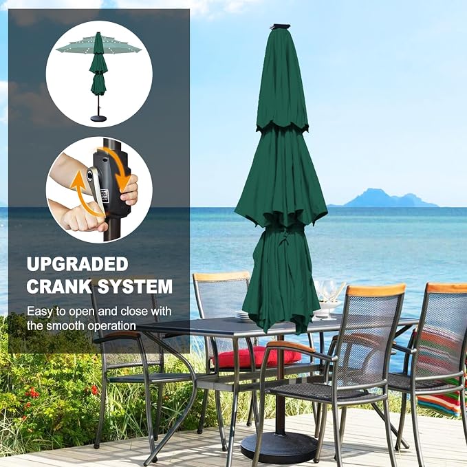 Eurmax USA 10-Year-Non-Fading 10FT 3-Tier Outdoor Patio Market Umbrella with LED Lights,UPF50+ UV Resistant,Commercial Grade,Crank Lift Design,Windproof Vented Top for Garden,Pool,Deck,Forest Green