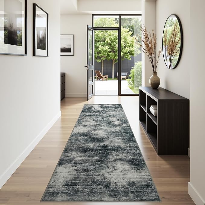 Joydeco 2x6 Washable Runner Rug for Hallway, Modern Abstract Non-Slip Soft Rugs, Low Pile Carpet for Entryway, Bedroom, Kitchen, Laundry, Light Gray & White & Dark Gray