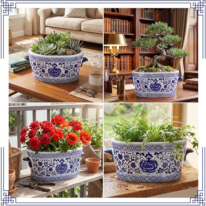 LemonRoad Blue and White Ceramic Planter Pot 14 x 7.7 x 6.1 inches Porcelain Vintage Floral Oval Cachepot Vase Chinoiserie Decor for Indoor Plants Flowers Succulents Home Living Room (Classic Style)