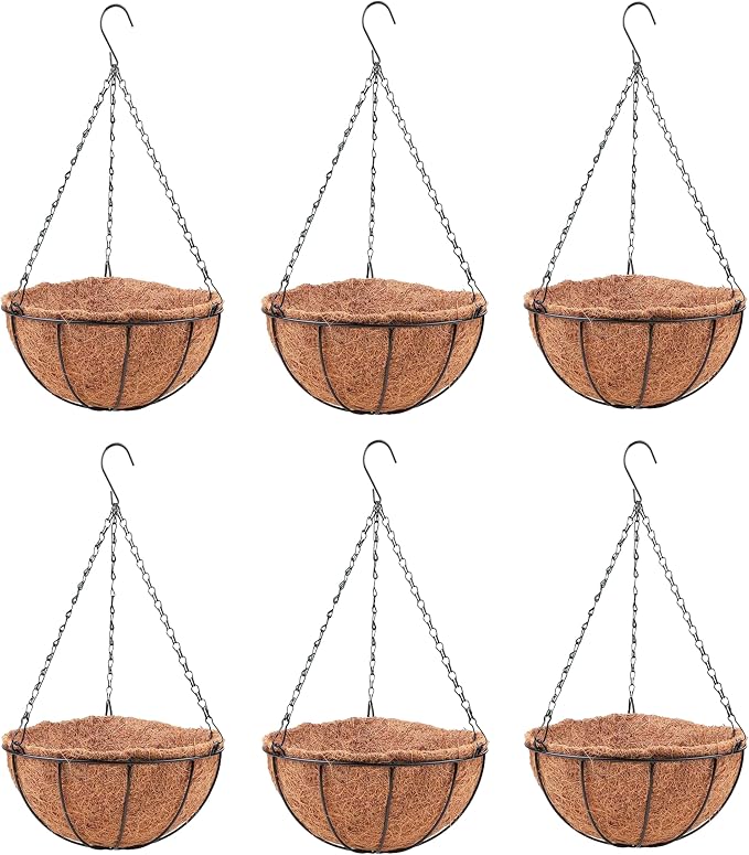 LaLaGreen Hanging Planters with Coco Liners (6 Pack, 12 Inch) Hanging Baskets for Plant Outdoor, Hanging Plant Pot Flower Metal Wire Round Holder Hanger Hook Chain Deck Porch Garden Balcony Boho Decor
