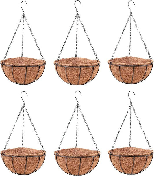 LaLaGreen Hanging Planters with Coco Liners (6 Pack, 12 Inch) Hanging Baskets for Plant Outdoor, Hanging Plant Pot Flower Metal Wire Round Holder Hanger Hook Chain Deck Porch Garden Balcony Boho Decor