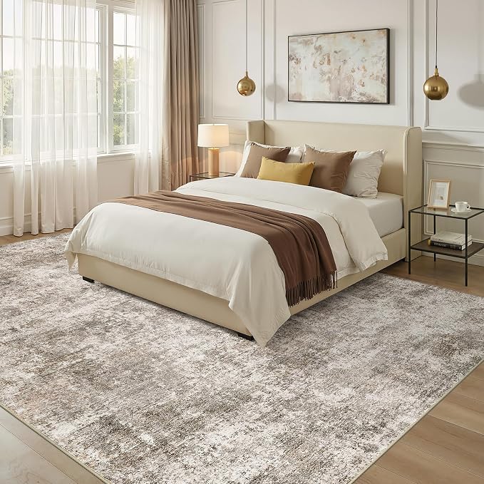 Nakagishi 8X10 Abstract Washable Area Rugs for Living Room-Brown | Modern Non-Slip Silicone Backing Low Pile Soft Carpet for Bedroom Dining Decor Ideal for Families with Kids and Pets