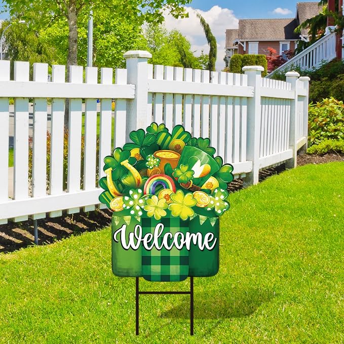 JarThenaAMCS St. Patrick' s Day Metal Garden Stake Welcome Yard Sign Watercolor Green Clover Shamrock Vase Decorative Lawn Sign for Irish Holiday Home Outside Lawn Porch Walkway