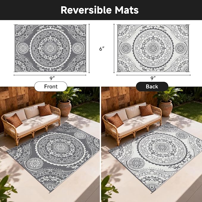 Pauwer Waterproof Outdoor Rug 6x9, Reversible Plastic Straw Patio Camping Rug, Indoor Outdoor RV Mat Carpet for Deck, Camper, Porch, Balcony, Backyard, Picnic, Paisley Grey