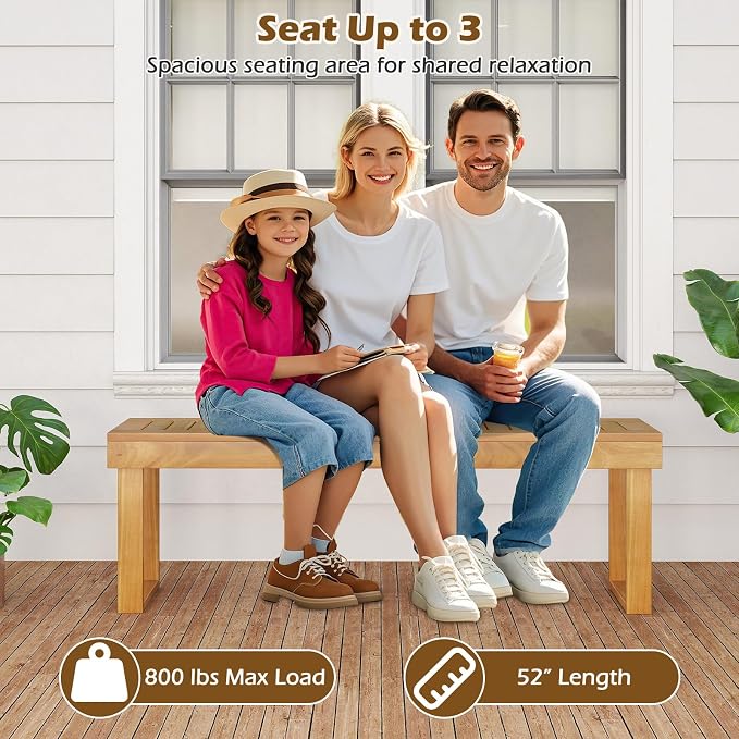 HAPPYGRILL Outdoor Acacia Wood Bench for 3-Person Patio Backless Farmhouse Bench with Slatted Seat, 800 LBS Heavy Duty Dining Bench for Entryway Porch Dining Room (2)