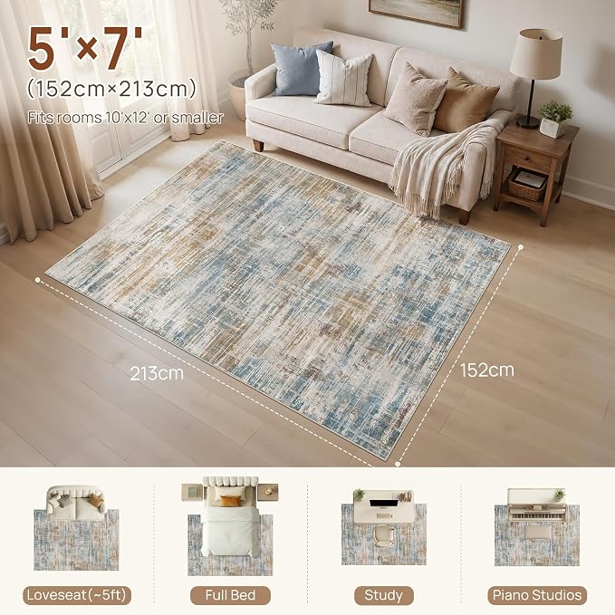 UERMEI 5x7 Area Rug for Living Room Washable Abstract Blue Brown Carpet | Low Pile Non-Slip Soft Neutral Modern Kid Pet Friendly Large Rugs For Bedroom Dining Room Nursery Office Indoor Decor