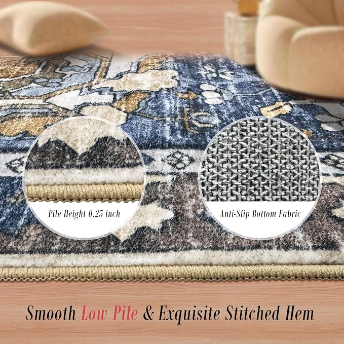 Washable Area Rugs - Perfect for Living Room, Bedroom, Kids Room, Nursery - Stain & Water Resistant Non-Slip, Pet & Child Friendly, Vintage Tribal Area Rugs (Navy, 5' x 7')