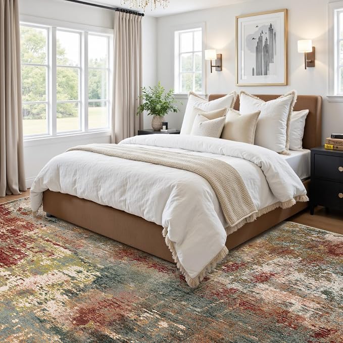 RELEANY Washable 7'x9' Abstract Area Rug for Living Room Rustic Brown | Carpet for Bedroom, Kitchen, Office, Hallway and Entryway, Printed Pattern, Non‑Slip, Soft, Stain‑Resistant, Easy to Clean