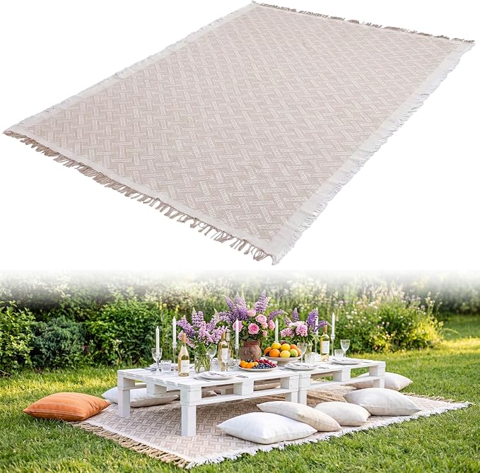 1 Pack White Coffee Extra Large Picnic Blanket, Outdoor Picnic Mat, Woven Boho Large Beach Blanket with Fringe for Park, Camping, Lawn or Wedding Photoshoot (71 x 91 Inches)