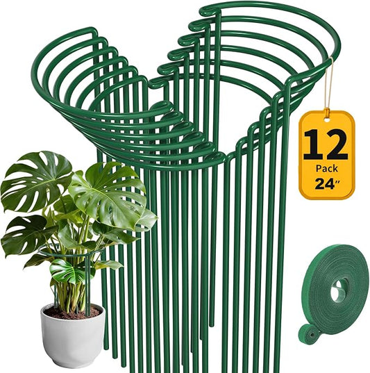 AMAGABELI 12 Pack 24 Inch Plant Support Stakes Peony Cage Heavy Duty Ring Metal Garden Support Structures Plant Cage with Ties for Indoor Flower Outdoor Tomato Hydrangea Monstera