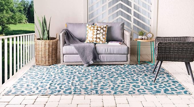 Unique Loom Outdoor Safari Collection Area Rug - Leopard (9' x 12' Rectangle, Teal/ Ivory)