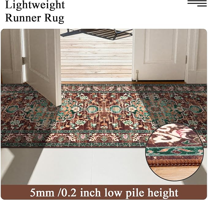 U'Artlines 3' x 18' Boho Hallway Runner Rug, Washable Carpet, Rust＆Teal | Non Slip, Vintage Farmhouse Accent Area Rug Carpet, for Bedroom, Dining Room, Laundry and Living Room