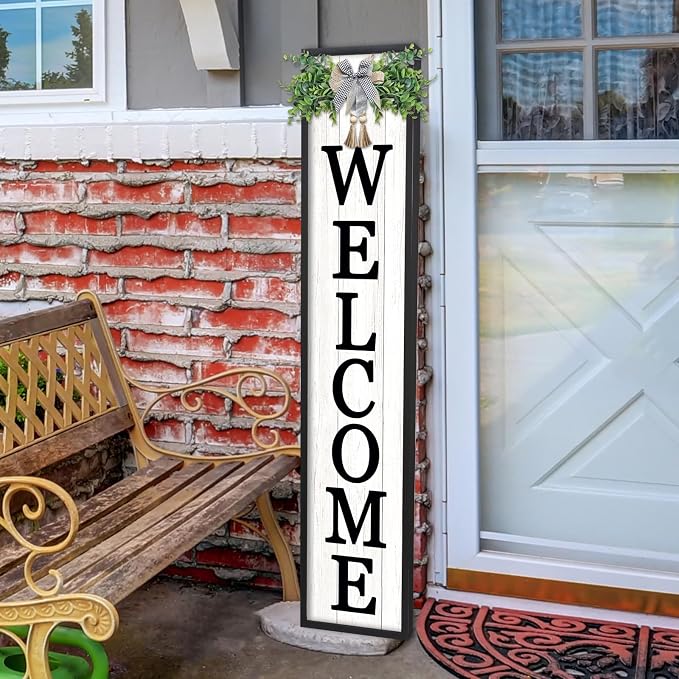 Welcome Sign for Front Porch Standing 45"X9" Large Vertical Farmhouse Outside Front Door Sign Leaner Tall Vintage Outdoor Wreath Patio Garden Wood Framed Decorations (Black)