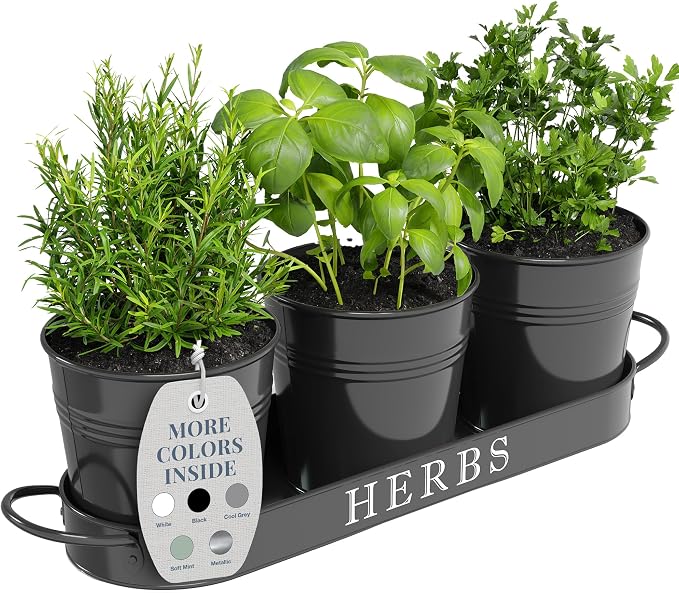 Barnyard Designs Indoor Herb Garden Planter Set with Tray, Metal Windowsill Plant Pots with Drainage for Outdoor or Indoor Plants, Set/3 (Black)