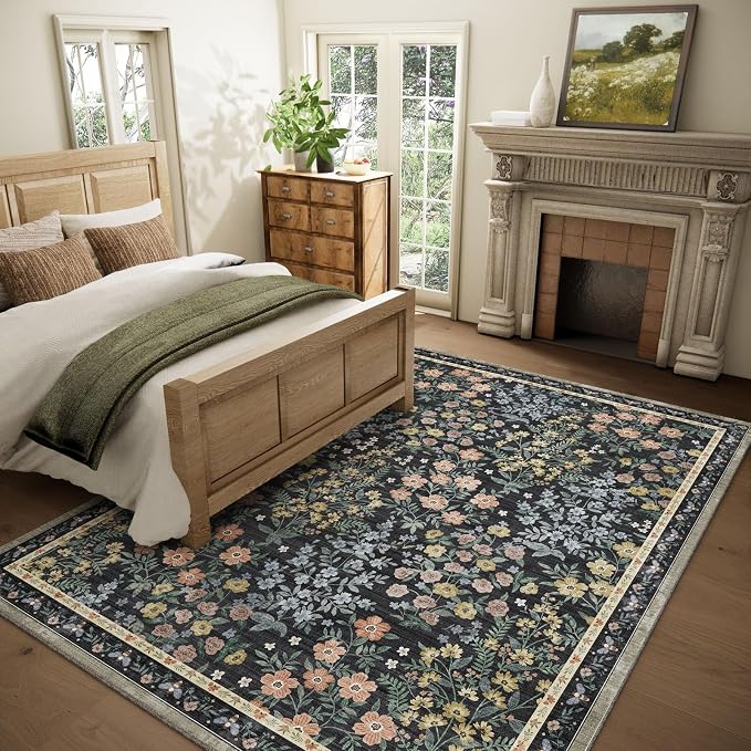 Washable Living Room Area Rug: 5x7 Rugs for Bedroom Vintage Stain Resistant Non Slip Low Pile Soft Lightweight Carpet Rug for Kitchen Dining Room Kids Room Nursery Living Room