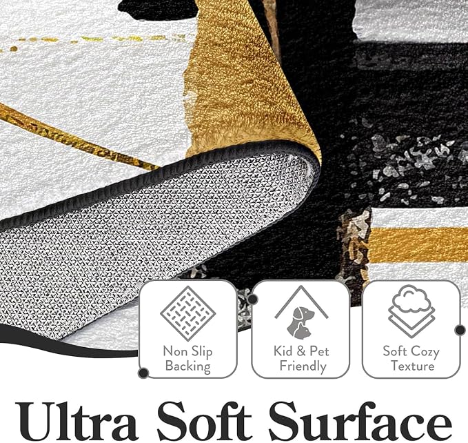 9CH Black White Gold Area Rug 7' X 5' Modern Abstract Rugs for Living Room | Soft Non-Slip Stain Resistant Carpet Washable Stain Resistant Bedroom Dining Room