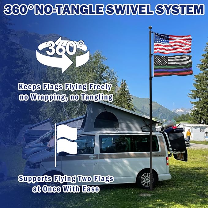 20FT RV Telescoping Flag Pole Kit, Heavy Duty 14-Gauge Aluminum Flagpole with Tire Mount Base, Portable Flag Kit for Camping, Tailgating, Trailer, and Outdoor Use
