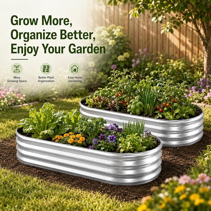 HOOPLE 2 Pack Raised Garden Bed 4x2x1FT, Galvanized Metal Raised Garden Bed Outdoor, Oval Design with Open Base for Better Drainage, Compact Garden Bed for Vegetables, Herbs & Flowers