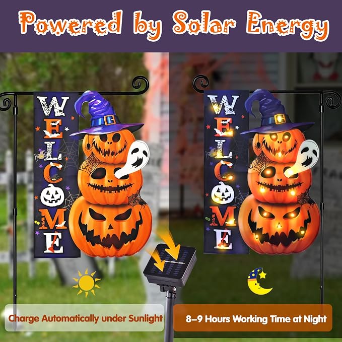 Halloween Lighted Garden Flag, Solar Weclome Pumpkin Yard Flag for Outside, 8 Modes Double Sided Welcome Halloween Pumpkin Outdoor Decorations for Home Porch