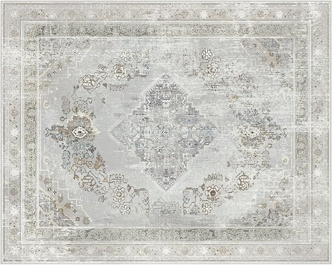 Phantoscope Washable Area Rug 8'x10' Non-Slip, Vintage Neutral Rugs for Living Room, Bedroom, Dining Room, Distressed Boho Medallion Pattern, Low-Pile Foldable Floor Carpet, Silver Grey/Taupe