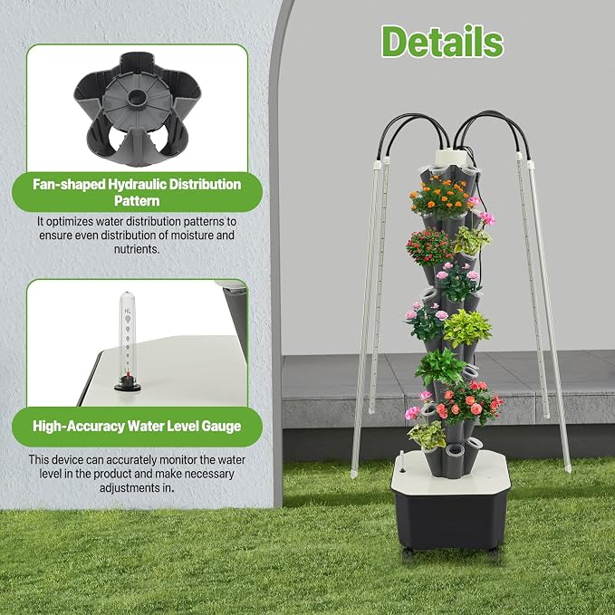 Hydroponic Growing System Tower, 80W 40 Plants 5-Layer Hydroponic Tower with LED Light Vertical Hydroponics Garden Tower for Herbs Vegetables Fruits with Pump & Water Level Gauge Grey