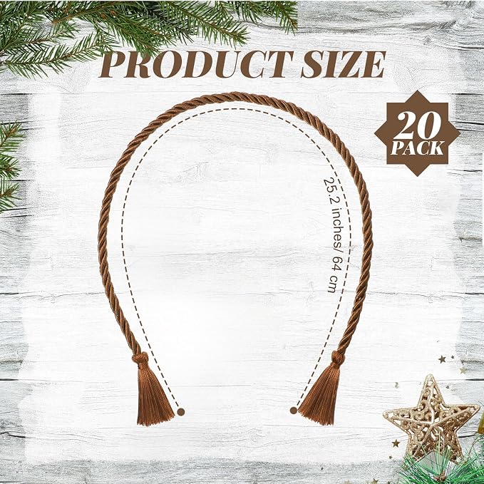 Dingion 20 Pcs Christmas Garland Decorative Banister Ties with Tassel 25.2 Inches Christmas Reusable Twist Ties for Garland Fireplace Staircase Banister Home Xmas Holiday Decorations(Brown)
