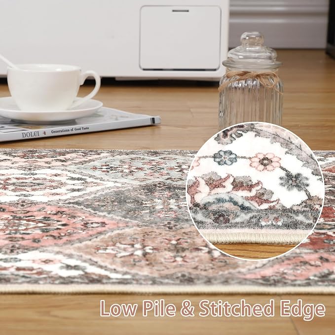ROYHOME 8x10 Area Rug Moroccan Trellis Machine Washable Rug, Pink/Grey | Vintage Medallion Distressed Indoor Accent Rug Stain Resistant Non-Slip Floor Cover Carpet for Living Room Bedroom