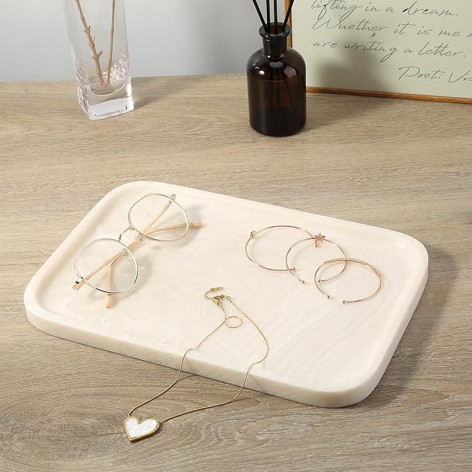 Koville Marble Tray, 12"x8" Marble Vanity Tray for Countertop Bathroom Kitchen Dresser, Decorative Catchall Trays for Perfume Jewelry, Rectangular Stone Serving Tray(Navona)
