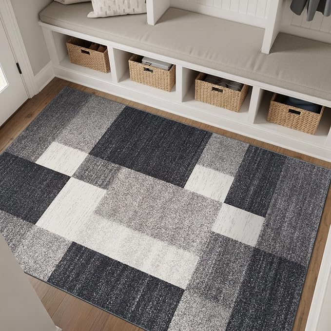 Rugshop Geometric Boxes Non-Slip Modern Living Room Area Rug Gray 4' x 6' | Non-Shedding, Rectangular, Size 4' x 6', Bedroom, Dining Room, Home Office, Kitchen, Entryway, Hallway, Nursery, Kids Room
