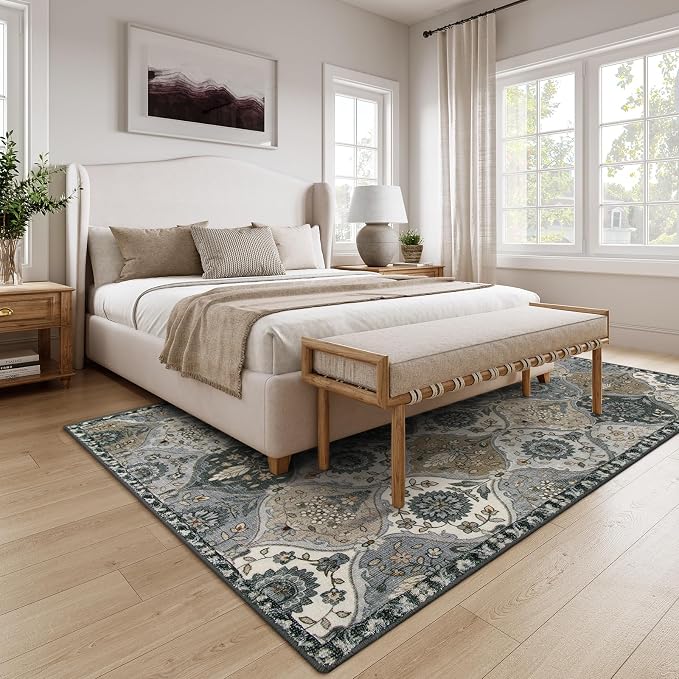 Lahome Moroccan Washable Living Room Rug, 5x8 Rugs for Bedroom Dining Room | Soft Non-Slip Non Shedding Boho Distressed Throw Carpet for Nursery Office Elise, Grey