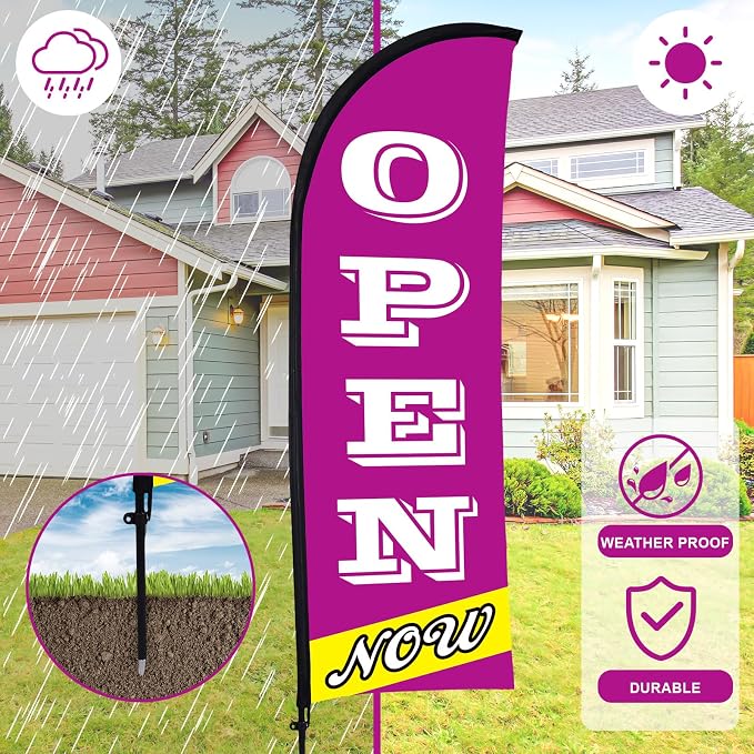Buryeah 2 Sets Now Open Flag Banner for Business Advertising 7 ft Feather Flag Sign with Flagpole Ground Stake Portable Bag (Purple)