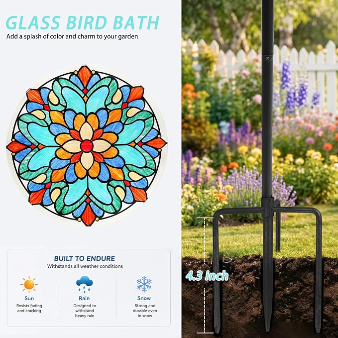 MUMTOP Bird Baths for Outdoors, Glass Birdbath Birdfeeder Bowl with Metal Stake for Outside Garden Yard Lawn Tiffany Style Decor