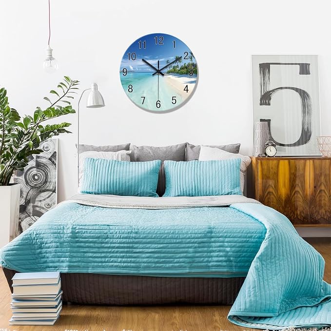 XFM Beach Coastal Wall Clock 16 Inch Blue Ocean Wall Clocks Battery Operated Tropical Seascape Glass Wall Clock for Living Room Bedroom Kitchen Decor