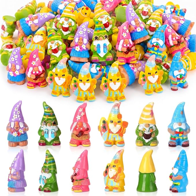 Yaomiao 60 Pcs Mini Hawaii Gnome Figurines Summer Tiny Resin Statues Starfish Plumeria Gnomes Figures Resin Gnome Decorations for Beach Hawaiian Party Favor Gift Tiered Tray Decor
