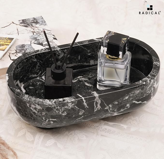Radicaln Marble Oval Bowl With Stand 10" Inches Black Handmade Candy Dish and Candle Holder, Ideal Key Bowl, Fruit and Decorative Bowl For Entryway Table
