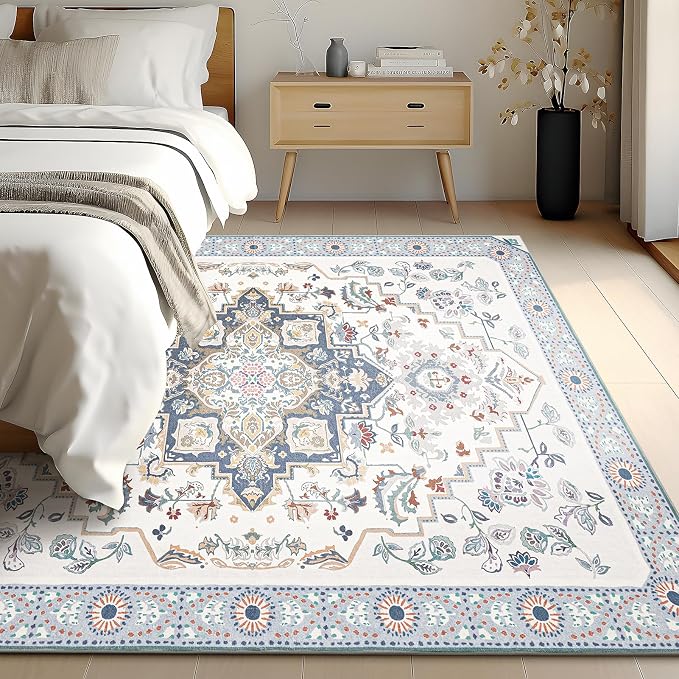 Phantoscope Washable Area Rug 9'x12' Non-Slip, Vintage Boho Rugs for Living Room, Bedroom, Dining Room, Persian Floral Medallion Pattern, Low-Pile Foldable Floor Carpet, Ivory Blue/Garden Bloom