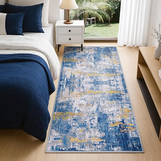 RELEANY Washable Runner 2'x6' Abstract Area Rug for Hallway Blue Gold | Carpet for Kitchen, Entryway, Bathroom, Living Room, Bedroom, Printed Pattern, Non‑Slip, Soft, Stain‑Resistant, Easy to Clean