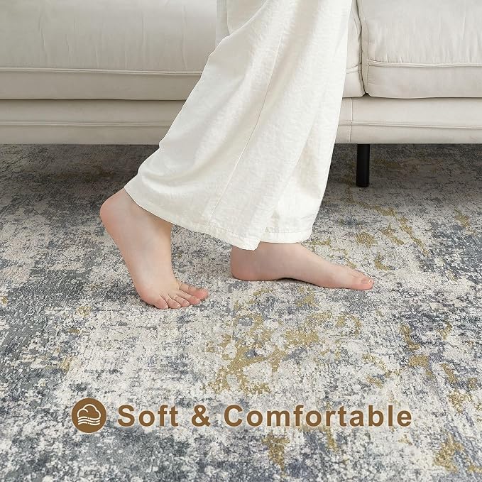 kakania Washable 5x7 Area Rug for Living Room: Abstract Modern Home Decor | Soft Stain Resistant, Low-Pile, Non-Slip, Pet & Kid Friendly, Thin Rug for Bedroom/Dining Room/Kids Dorm - Blue Grey
