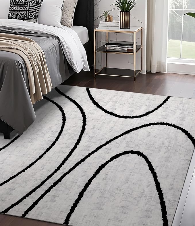 Modern Area Rugs for Bedroom,5x7 Washable Black and White Rug, Thin Abstract Geometric Minimalist Striped Rug, Black Rugs for Bedroom,Kitchen,Dining Room Office