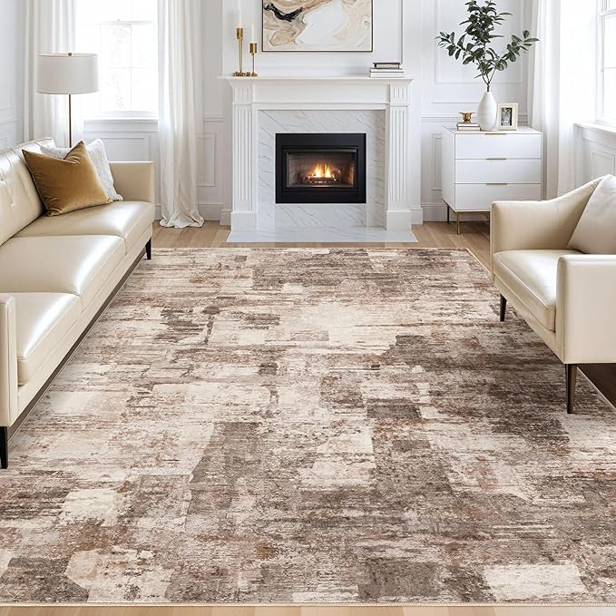 kakania Abstract 11x14 Area Rugs for Living Room: Washable Rugs Brown | Soft, Non-Slip, Low-Pile, Pet & Kid Friendly - Large Modern Home Decor Carpet for Bedroom/Dining Room/Office/Nursery