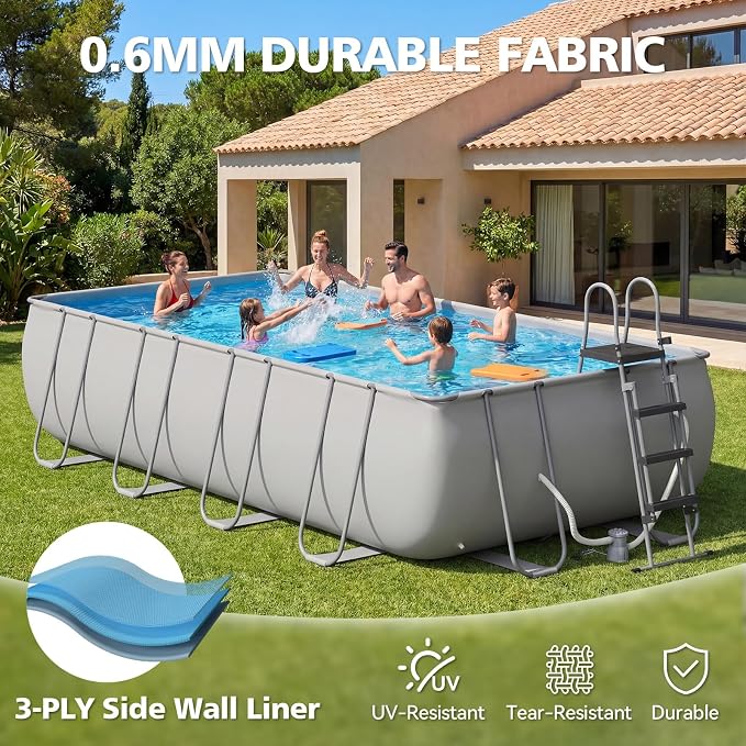 18ft X 9ft Above Ground Pool Set with Removable Ladder and Filter Pump, Rectangular Swimming Pool with Steel Frame for Backyard, Gray